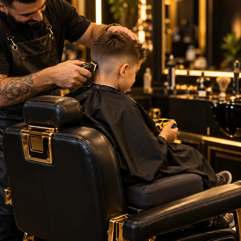 Menino cortando o cabelo na cadeira de barbeiro