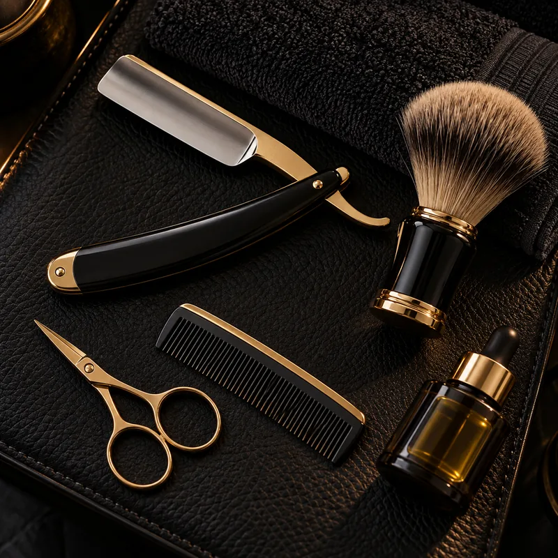 Navalha clássica, pincel de barba, tesoura e óleo sobre couro preto