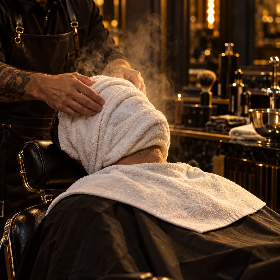 Cliente relaxando com toalha quente antes da barba