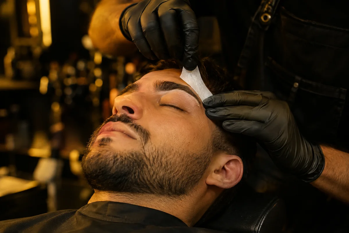 Sobrancelha masculina sendo feita na Navalha Barbearia